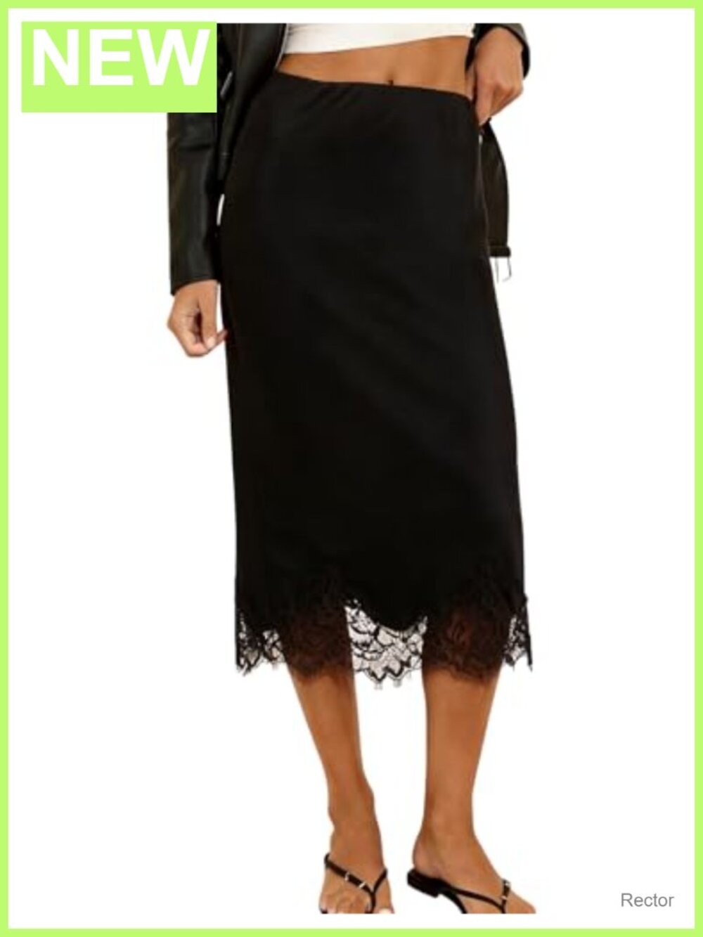 Satin Midi Skirt A-Line Lace Trim High Waisted Flowy